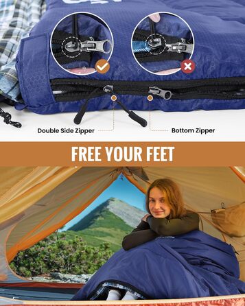 Спальний мішок Sportneer Outdoor - фланелевий зимовий спальник 220 x 85 см з капюшоном, компактний ковдровий спальник для кемпінгу (синій)
