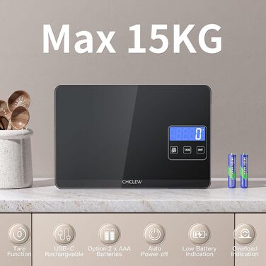 Електронна кухонна вага CHICLEW 15 кг з LCD дисплеєм, 5 одиниць вимірювання, скло, чорний