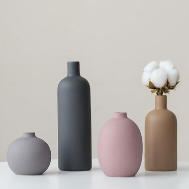 Modern Ceramic Vase Set - 4 Piece, Morandi Colors, Minimalist Table Decor, Nordic Style, Neutral Boho Scandinavian Vase Set (Black)