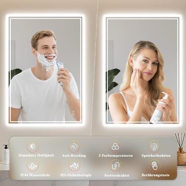 Дзеркало для ванної кімнати з підсвічуванням LED, антизапітніння, сенсорний вимикач, регулювання яскравості, 3 кольори світла, овальне, 50x70 см