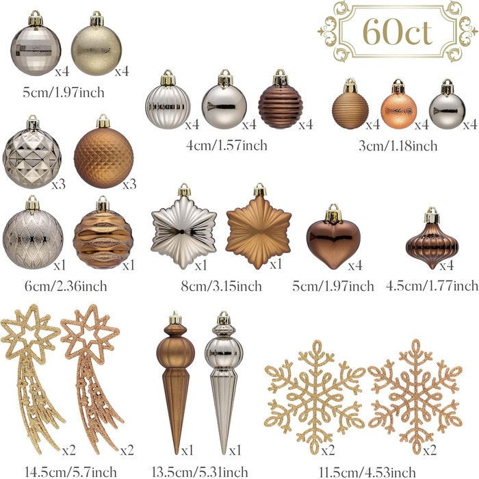 Набір прикрас для ялинки Valery Madelyn 60 шт. Ялинкові кулі бронзово-золотого кольору, міцні, з кріпленням, для новорічного декору