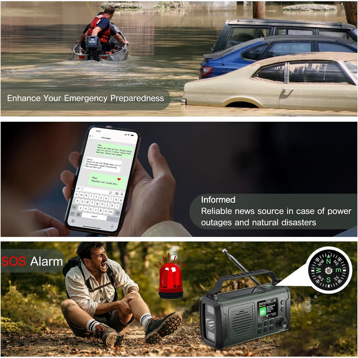 Радіо на механічному заводі DAB+ FM 20000mAh, Аварійне радіо DAB+ з сонячною панеллю та Bluetooth, Радіоліхтарик з зарядкою для телефону та компасом для виживання (Зелений)