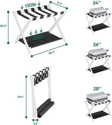 Smuxee Walnut Bamboo Luggage Rack for Guest Rooms, Folding Suitcase Stand with Storage Shelf, Lightweight Assembled Luggage Rack with 5 Nylon Straps for Guest Room Bedroom Hotel (White)