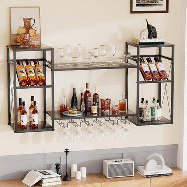 Настінна вітрина для вина UYOYOUS на 2 яруси з металу, 120 см, з 6 тримачами для келихів, барна вітрина для винних пляшок, підвісна вітрина для спиртних напоїв для дому, кухні, їдальні, ресторану, чорна