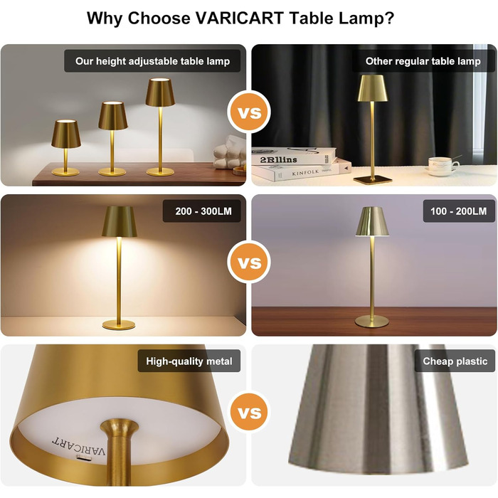 Світлодіодна настільна лампа бездротова з сенсорним керуванням, USB-C, димування, акумуляторна, 3 режими світла, регульована висота, IP54 водонепроникна, золота. Для ресторану, спальні, бару, вулиці