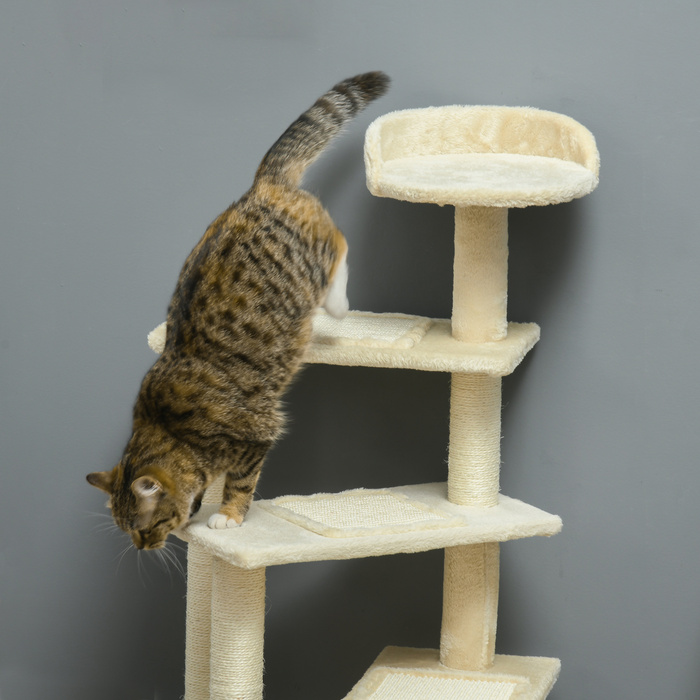 PawHut Дряпка для котів, стійка до 10 кг, кігтеточка з сизалевими стовпцями та сходинками для домашніх тварин, бежевого кольору, розміром 50 x 50 x 100 см, для любителів котів