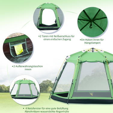Outsunny Camping Tent 6-Person Family Dome Tent PU2000mm Waterproof, Easy Setup, Steel & Fiberglass, Green, 320x320x180cm