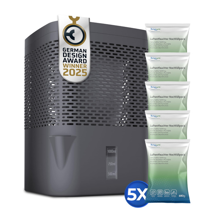 Зволожувач повітря BonAura® без струму до 23 м² | 360° вентиляція | Рамковий зволожувач з виливом & 5 x 680 г гранульоване зволожувальне речовина | Захист від цвілі та запахів | Рамковий зволожувач для квартири Airone Grey + 5 X гранульоване зволожувальне