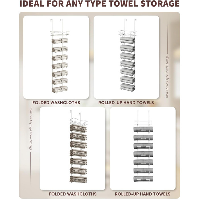 Настінний тримач для рушників на двері, 6 секцій, без свердління, для маленьких ванних кімнат, білий (8 тварин)