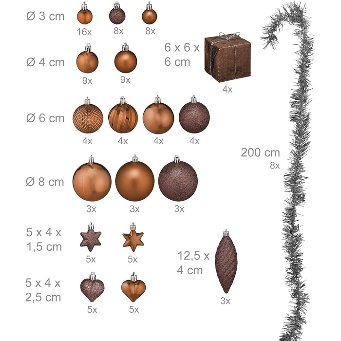 Набір прикрас для ялинки Relaxdays: 110 кульок, мішура та інше. Декоративні кульки для ялинки, коричневого кольору