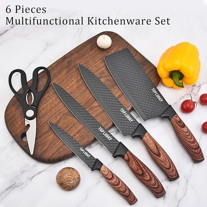 Набір кухонних ножів, 6 предметів, чорний, гострий, з антипригарним покриттям, нержавіюча сталь, з підставкою для ножів (чорний)