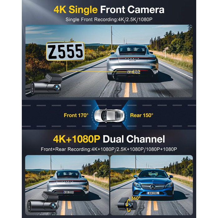Відеореєстратор GKU 4K Dual з GPS, WiFi, ParkSurv, Нічне Бачення, WDR, 170° та G-Sensor. В комплекті SD-карта 64GB. Чорний