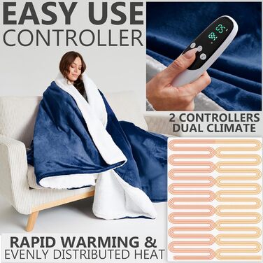 Електрична ковдра Kingsize König EU, Sherpa фліс, 230x265 см, 9 режимів нагріву, таймер 12 годин, тепла подарунок