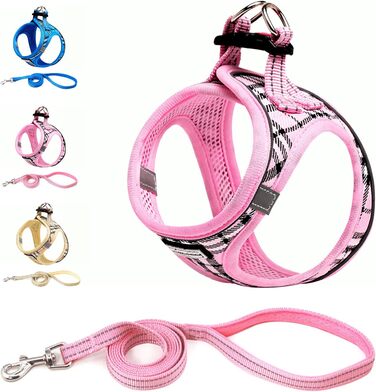 Шлейка для собак Suredoo для маленьких та середніх порід, антинатяжна, дихаюча, з повідком (рожевий в клітинку)