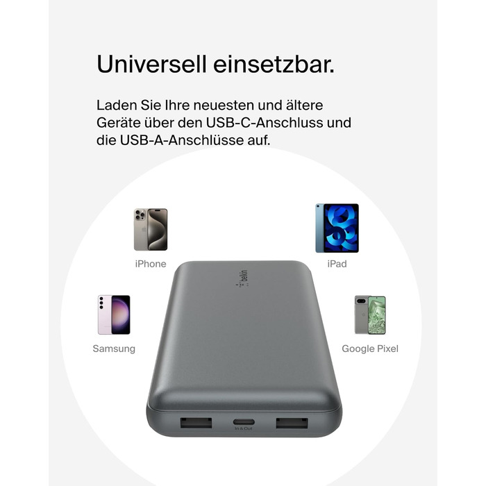 Powerbank Belkin 20000mAh з USB-C та USB-A, 20K, сірий, для iPhone, Galaxy, Pixel, iPad, AirPods