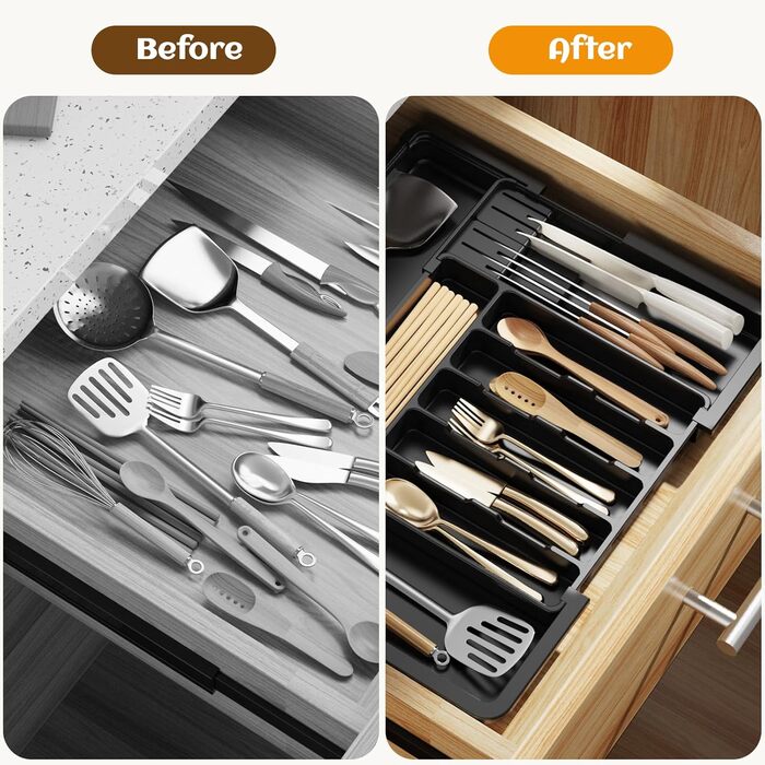 Органайзер для столових приборів в шухляду, пластиковий лоток для кухні з 2 знімними блоками для ножів (6-9 відділень), регульований, 33-53 см