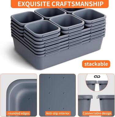 45-Piece Drawer Organizer for Office with 3 Sizes, Vanity Makeup Organizer Drawer, Storage Desk Organizer Drawer System for Kitchen, Bedroom, Bathroom, Office, Grey (4 - Sizes, Grey (25-Piece))