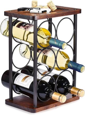 Wine rack with glass holders, tabletop wine rack with tray, freestanding wooden wine rack, perfect for home decor & kitchen storage rack, etc. (holds 6 bottles and 2 glasses) (Holds 6 Bottles)