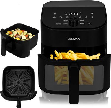Фритюрниця без олії ZEEGMA KNAPPER, 1700 Вт, 2 відсіки, 9 л, таймер 60 хв, 11 програм, 60-200 °C, сенсорне керування, чорний колір