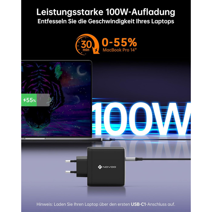 Зарядний пристрій USB-C 67W NOVOO GaN III 3-порти, швидка зарядка для MacBook, iPad, Pixel, Samsung, iPhone, Steam Deck (Чорний)