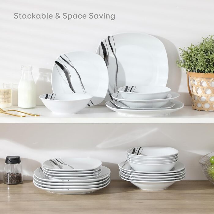 VEWEET Набір посуду з порцеляни для 4 осіб (24 елементи), серія FIONA: чорно-сірий декор, 12 елементів (тарілки та миски), підходить для щоденного використання, миється в посудомийній машині та розігрівається в мікрохвильовці