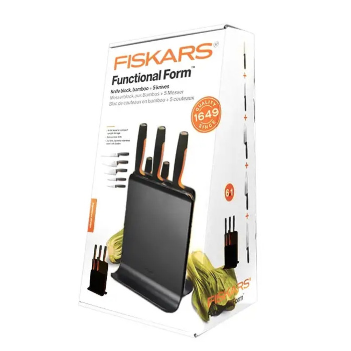 Набір ножів Fiskars Functional Form (5 предметів) у чорному підставці-блоці + точилка, 1057554