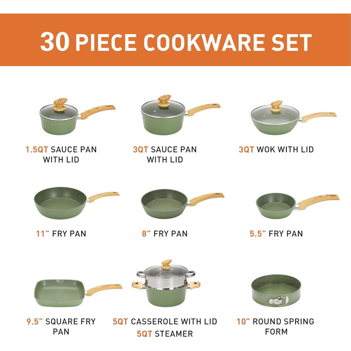 Набір каструль та сковорідок DishDelight 30 предметів з антипригарним покриттям з граніту. Набір каструль, сковорідок з кришками з термостійкого скла. Зелений колір.