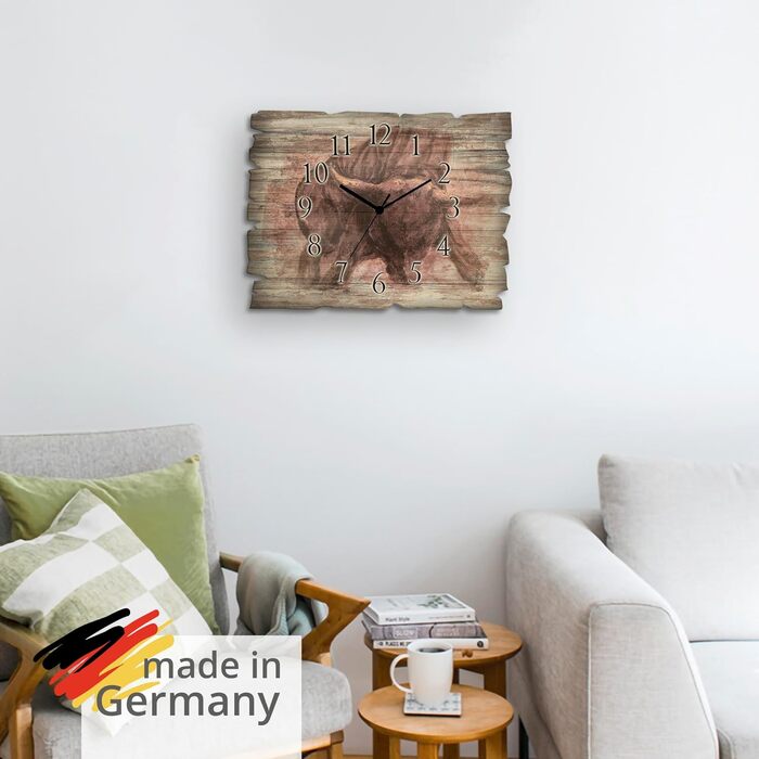 ARTLAND Wall Decor Wall Clock without Ticking Sound, Wood, 30x40 cm, Rectangular, Silent, Nature, Animals, Forest Landscape, Original, Nordic, T5YP (Bull, Quartz Clock)