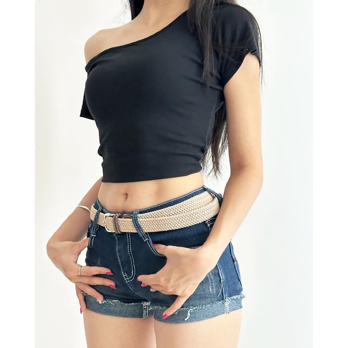 Еластичний жіночий/дівчачий ремінь 2.5 см, плетений, для джинсів та суконь, 2 шт. (Чорний/Хакі, M/91/96 см)