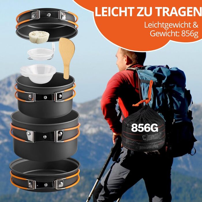 Набір посуду для кемпінгу FunyKich 17 предметів: каструлі, сковорідки, чашки, столові прибори. Підходить для 2 осіб, пікніків та походів.