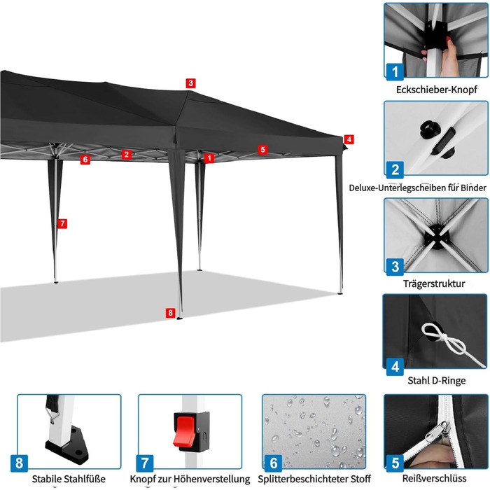 COBIZI Pavilion 3x3 Waterproof Folding Pavilion with 4 Side Panels, Outdoor Folding Pavilion, Stable UV Protection 50+, Pop-Up Garden Pavilion, Party Tent for Outdoors, Garden, Party, Wedding, Market (Black, 3x6m)