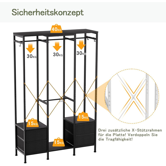 Відкрита шафа для одягу, вішалка для одягу, гардеробна стійка з 4 шухлядами, стабільна вішалка для спальні, вітальні, передпокою (Чорний)