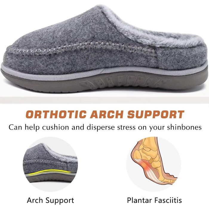 Чоловічі капці KuaiLu з піною з пам'яті, зручні, ручної роботи, з мікрозамшею, на слизькій підошві, з підтримкою склепіння стопи, з теплою підкладкою з штучного хутра, гумова підошва, для дому та вулиці (47 EU, Сірий хутро)