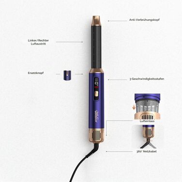 Мультистайлер для волосся 6 в 1 UKLISS Air Styler Set з дифузором, фен-щітка та вирівнювач для волосся, 1000 Вт, LCD-дисплей, Gold Blau