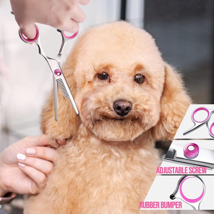 Професійна феншуйниця для собак 5-в-1 Gimars, 4CR з безпечною закругленою насадкою, титанове покриття, пряма, філірувальна та вигнута ножиці (Рожева)