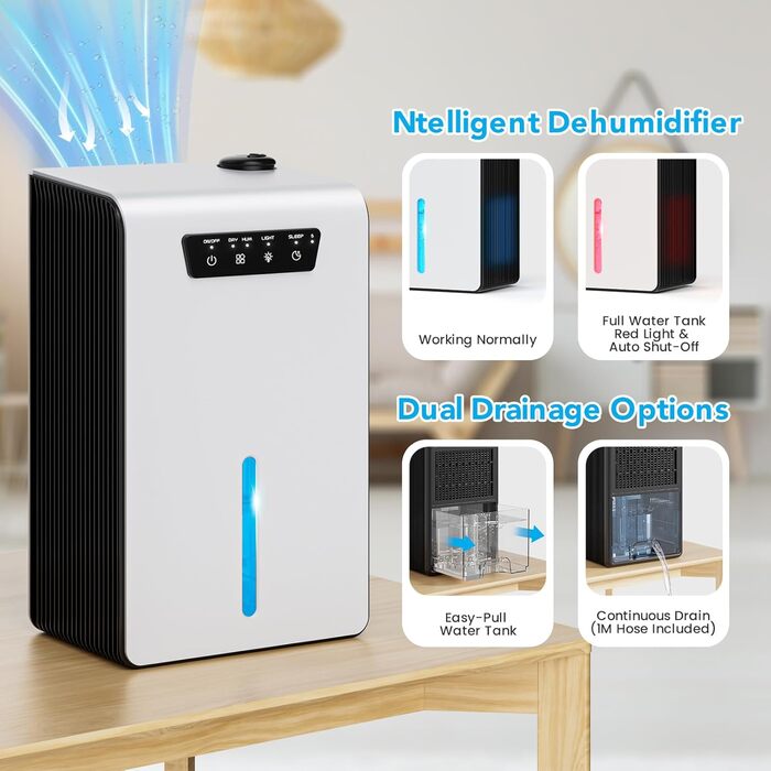 Ofottofo 2-в-1: Електричний осушувач та зволожувач повітря, 3.2л резервуар, 1л/день, 7 кольорів LED, тихий, для спальні, ванної, підвалу