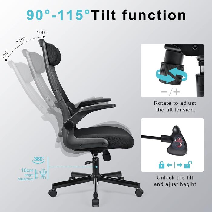Ергономічне крісло для офісу з регульованою підголовником, офісне крісло з сітки, відкидні підлокітники, широке сидіння, функція гойдання, комп'ютерне крісло EN 1335, офісне крісло 200 кг, чорне