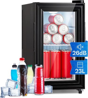 Klarstein Mini Fridge with Glass Door - Beverage, Snack & Cosmetic Cooler, Compact & Quiet, Adjustable Shelves, Skincare Fridge 12-18°C, 42L, Black and White