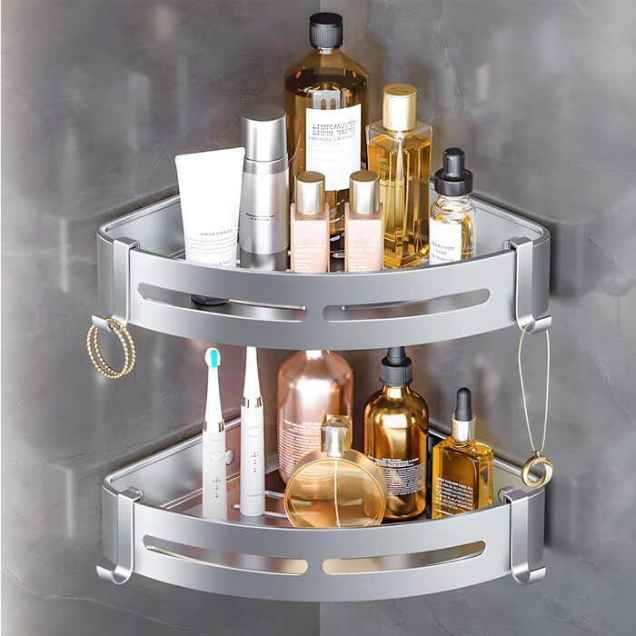 Поличка для душу без свердління, кутова, 2 шт., срібна, алюміній. Органайзер для ванної кімнати з 4 гачками. Підходить для ванної та кухні