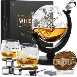 WHISISKEY Whiskey Carafe Set - Whiskey Gift Set - Gifts for Men - Men's Gifts Gift - Birthday Gift for Men - Globe Decanter 900ML, Gift Box, 2 Whiskey Glasses, 4 Whiskey Stones