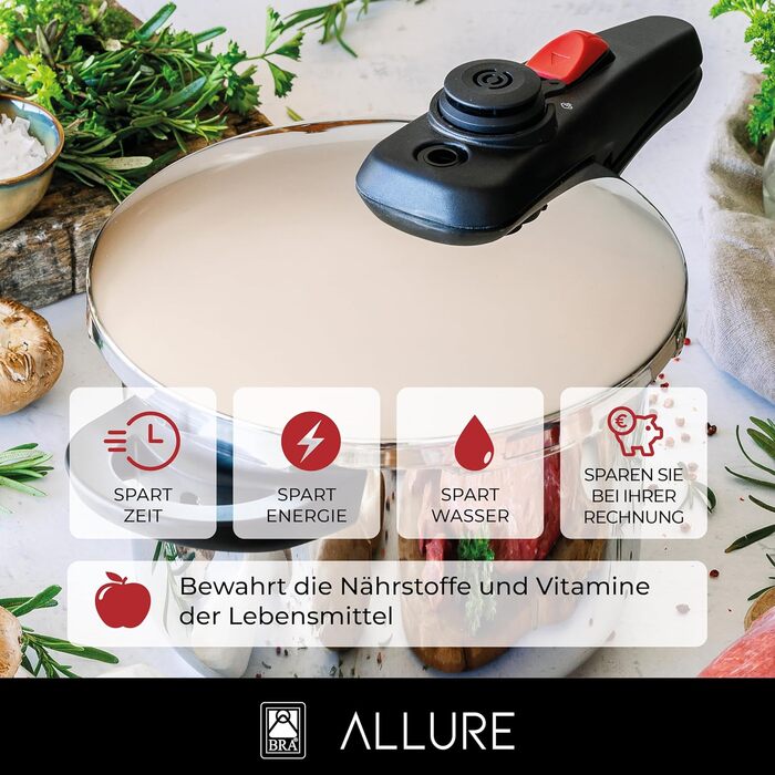 Скороварка BRA Allure 6 л з нержавіючої сталі 18/10, 2 режими приготування, система блокування, для всіх типів плит