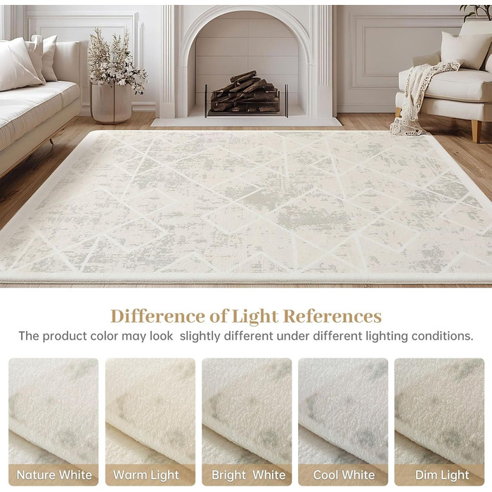 Килим Leesentec для вітальні, спальні: геометричний, сучасний, антиковзаючий, короткий ворс, бежевий, великий, білий (слонова кістка), 80 x 120 см, прямокутний