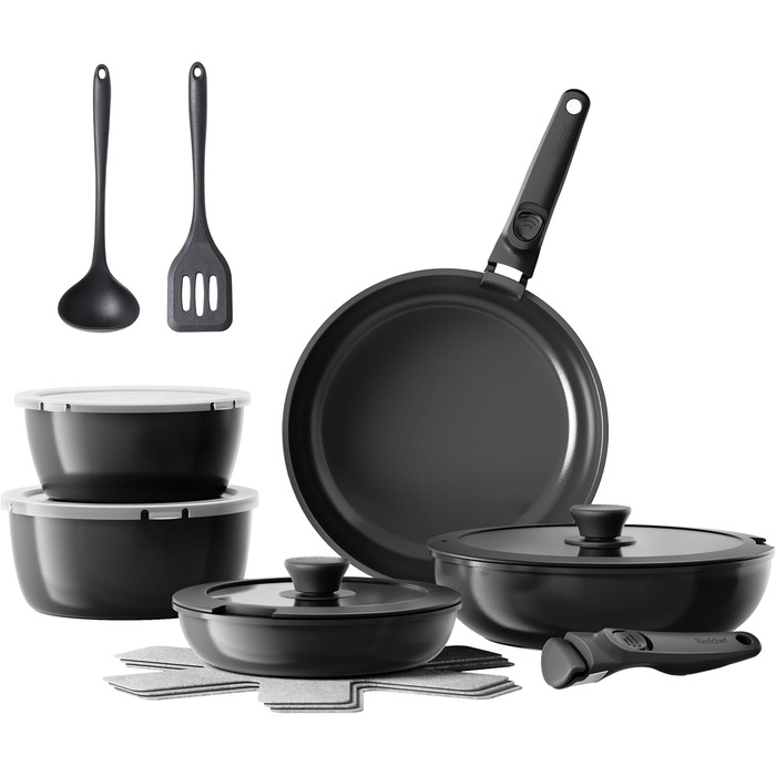 Набір посуду Redchef 16 предметів: каструлі та сковорідки з антипригарним покриттям, знімні ручки, для всіх типів плит, сумісний з духовкою, чорний