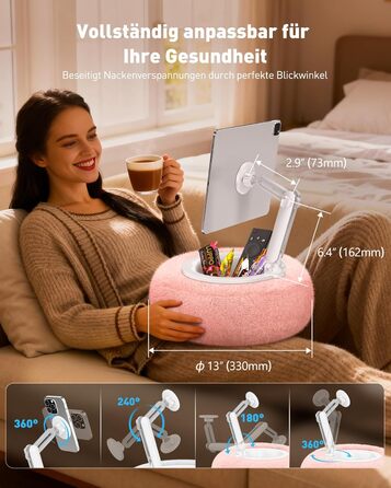 Магнітна підставка-подушка AboveTEK для Kindle, планшетів та телефонів (4.7-13 дюймів), регульований тримач 360° для ліжка та дивана, м'яка та зручна, рожева