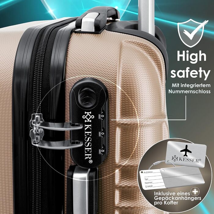 KESSER® Hard Shell Suitcase Including Luggage Scale + Baggage Tag | Trolley Suitcase Rolling Luggage Combination Lock 4 Wheels ABS Hard Shell Telescopic Handle (75cm – 120L) (Carry-on 55cm - 55L, Champagne)