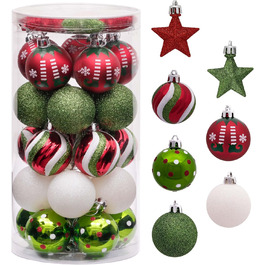 Набір ялинкових прикрас Victor's Workshop 35 шт. 5 см, пластикові кулі, червоно-зелено-білий декор для ялинки, тематика ельфів