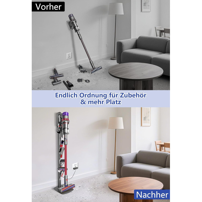 Підставка для пилососів Dyson G5, V15, V12, V11, V10, V8, V7, V6, металева, з 4 гачками та 4 полицями, без свердління, стабільна, на підлогу, приховане кріплення кабелю (темно-сірий)