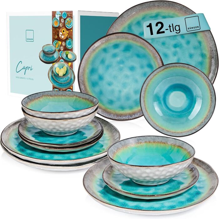 SÄNGER | Capri Dinnerware Set, 12-Piece, Plate Set for 4 People, Stoneware Dinnerware including Dinner Plates, Dessert Plates & Deep Plates, Turquoise Blue Tableware Set with Grey Rim | PREMIUM COLLECTION 12-Piece Dinnerware Set