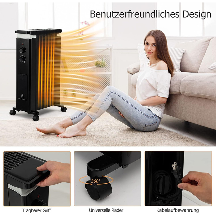Масляний радіатор COSTWAY 1500W з 7 ребрами, 5-35°C, 3 режими нагріву, термостат, вологозбірник, на колесах (Чорний)