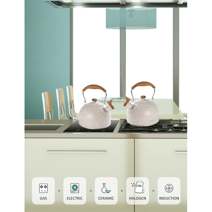 Чайник BELANKO 2,5 л з свистком, нержавіюча сталь, з дерев'ястим декором, складаний ручка, для чаю, кави, молока – блакитний (Starry White)